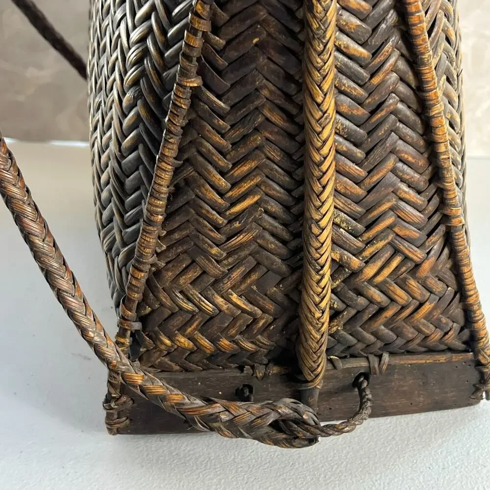 Vintage Ifugao Natural Carved Woven Wicker Basket Backpack From the Philippines